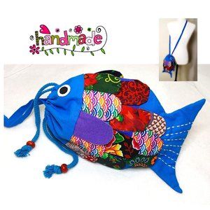 New Patchwork Kids Fish Blue Crossbody Bag Mini Tote Drawstring Red Purple Lined